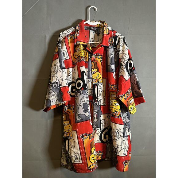 Duck Story Shirt Mens XL Red Cartoon Boxing Duck Graphic Button Up 90s Style - Picture 2 of 6